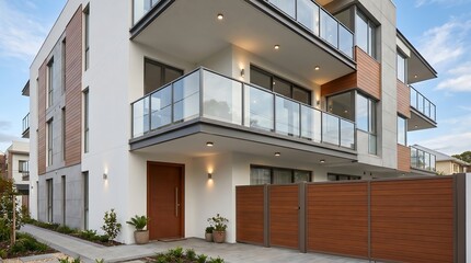 Fototapeta premium Modern multistory apartment building with wooden accents and glass balconies