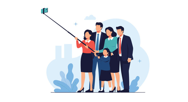 Group of business professionals including a man, two women, and a young girl take a group selfie together using a selfie stick.