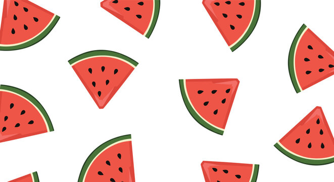 Seamless pattern featuring vibrant red watermelon slices with black seeds and green rinds scattered across a white background for summer themes.