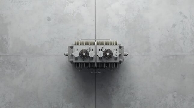 Close-up of a gray electrical transformer on a concrete wall, overhead view.