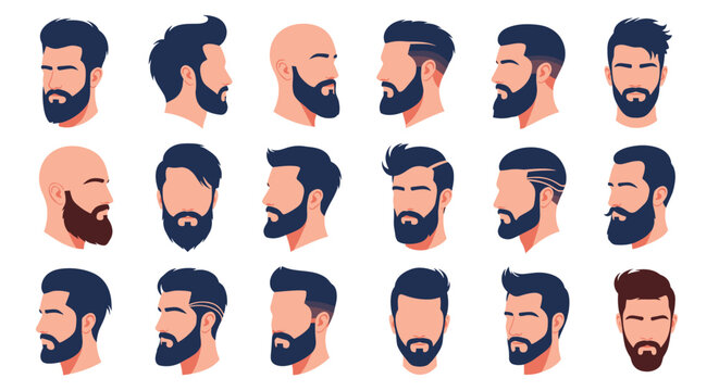 Large set of male head profiles displaying a variety of modern hair and beard styles for barber shop references or grooming choices.