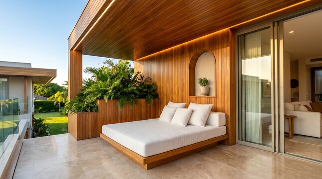 Modern luxury outdoor terrace with daybed and wooden paneling