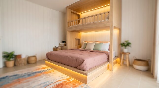 Modern minimalist bedroom with wooden bunk bed and warm ambient lighting
