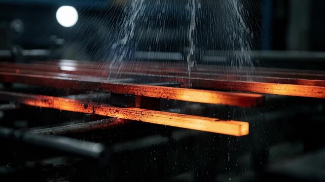 Closeup medium shot of blades cooling in an air quench setup with sparks flying highlighting the rapid temperature change and controlled tempering.