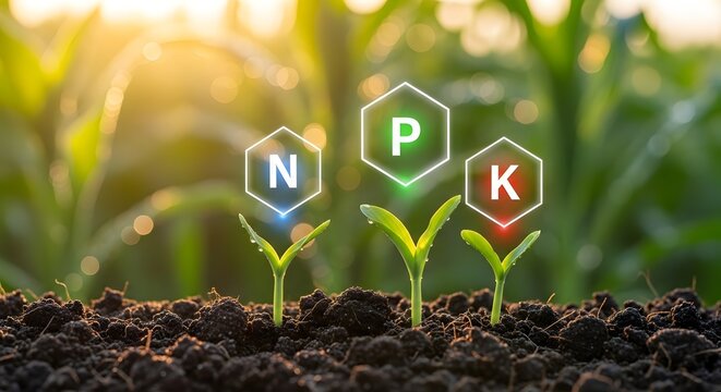 Npk fertilizer icons above young plants growing in soil at sunrise
