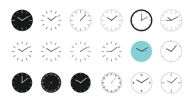 Grid of fifteen different clock face designs showing various styles of minimalist and detailed analog timepieces for graphic use.