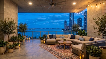 Obraz premium Modern luxury balcony terrace overlooking miami skyline at twilight