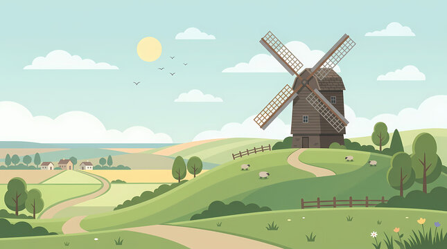 Minimal windmill on rolling green hills field landscape vector illustration with grazing sheep
