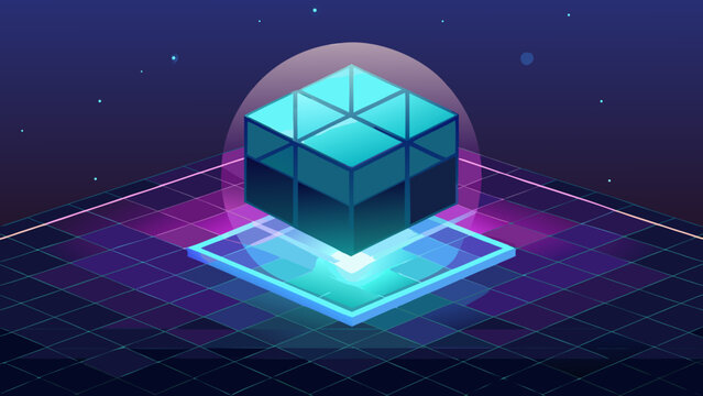 Glowing transparent 3D glass cube floating on neon grid floor with geometry futuristic technology abstract transparency floating background synthwave retrowave illustration structure