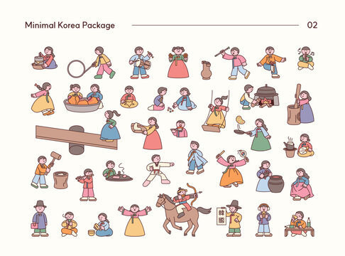 Minimal Korean culture character set featuring traditional folk activities, customs, games, music, and daily life.