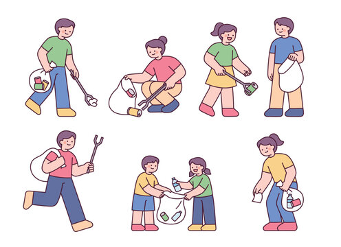 People collecting litter and recycling waste during a plogging activity in a flat vector style.