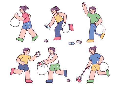 People participating in a plogging activity by jogging and collecting litter in a flat vector style.