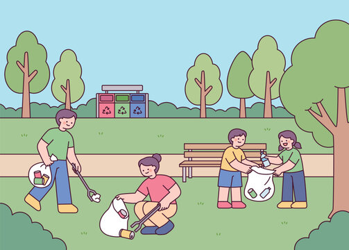 People participating in a community plogging activity and recycling waste in a public park.