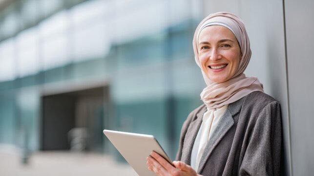 Professional Businesswoman Wearing Hijab Using Digital Tablet Outdoors