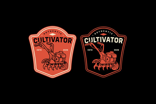 Cultivator machine retro badge logo design set for agriculture. Garden cultivator vintage patch sign symbols for farming. Soil tiller machine rustic emblem elements for gardening. Rototiller machine