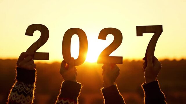 Close up of hands holding 2027 numbers against warm sunset sky perfect for future celebration and start concept