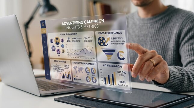Futuristic hologram interface showing advertising campaign insights, metrics, social engagement and video performance analytics