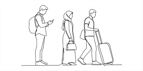 Obraz premium People in line with luggage, phone, and bag