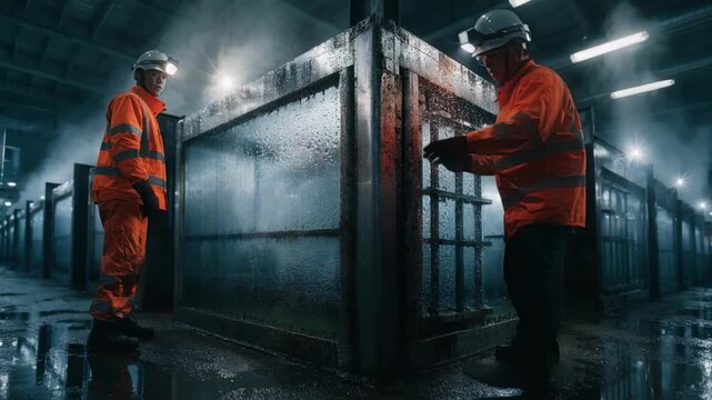 Maintenance access angle capturing workers inspecting nickel electrolytic cells with clear visibility of rectangular cell structure and electrode surfaces in the sulfate