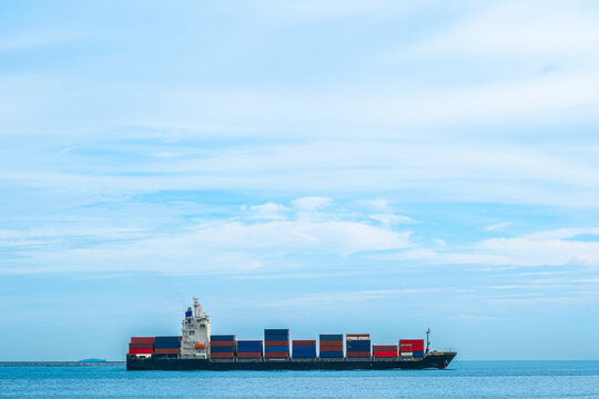 Aerial view of the freight shipping transport system cargo ship container. international transportation Export-import business, logistics, transportation industry concepts	
