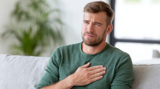 Expression of Discomfort: A Man's Reaction to Physical Distress in a Cozy Indoor Setting during a Disquieting Moment