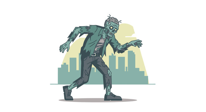 Pixel Art Zombie Walking in City Silhouette