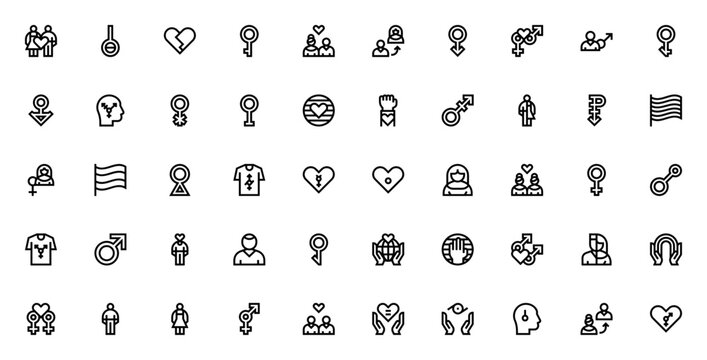 Gender Identity icon set. Minimal vector icons. Featuring heterosexual, transgender, gay, lesbian, bisexual, genderqueer, intersex, pansexual, equality, rainbow flag, and more. Editable stroke.