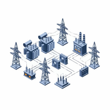 Electrical power grid substation and transmission towers network illustration.