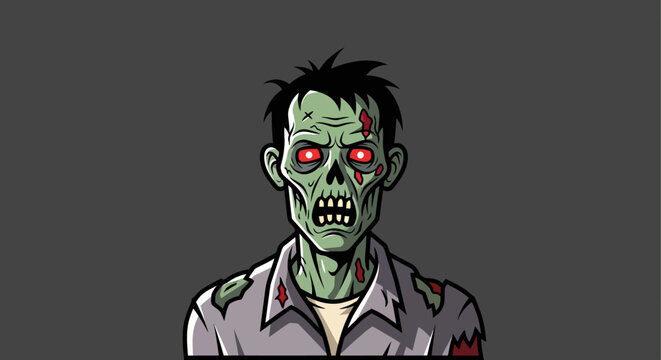 Scary Zombie Character with Red Eyes and Tattered Clothes