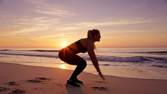 Female athlete performs burpees and press ups on the beach at sunset for an outdoor workout session