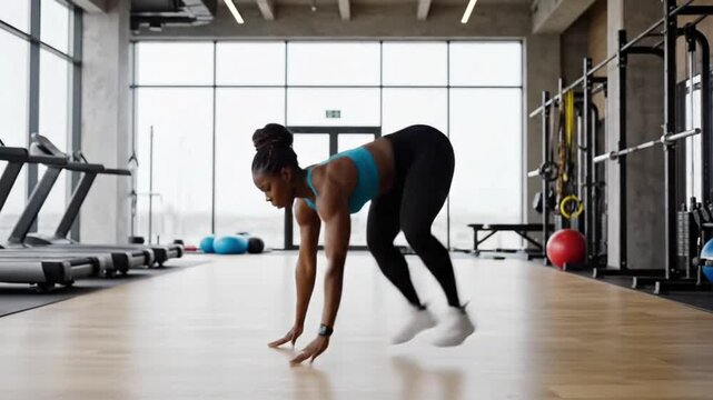 Female athlete performs burpees and press ups in gym during morning workout session
