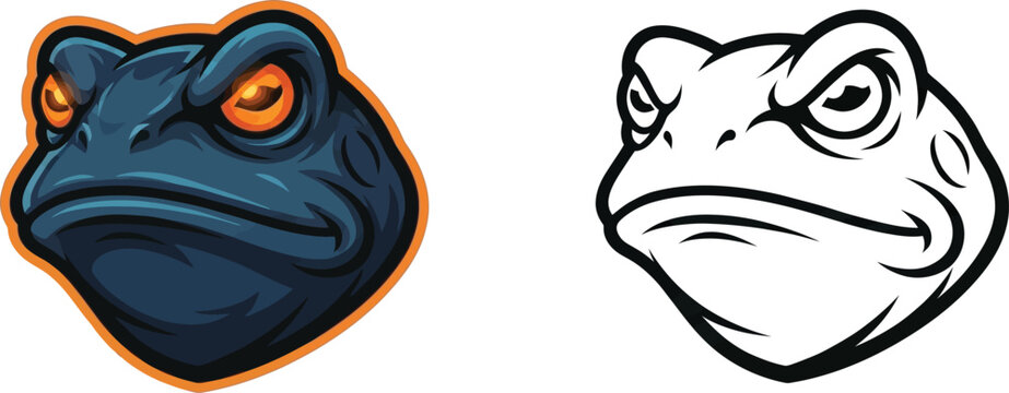 A stylized, cartoonish illustration of an angry frog's head, depicted in dark blue with glowing orange eyes and a menacing expression.