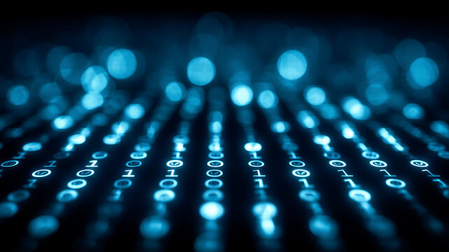Rows of glowing binary code representing digital data, software systems and cyber technology infrastructure.
