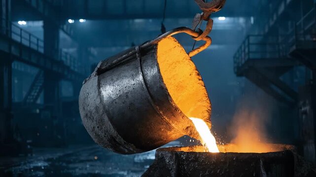 Medium shot focusing on a transfer ladle carefully pouring glowing molten nonferrous metal emphasizing precision and safety in metal handling.