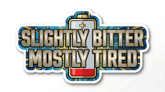 Low Battery Syndrome: A stylized graphic featuring a battery icon with a low charge level and the bold text SLIGHTLY BITTER MOSTLY TIRED conveys a relatable feeling of exhaustion.