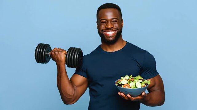Healthy fitness man holding dumbbell with fresh vegetable salad bowl smiling happy promoting exercise weightlifting and healthy