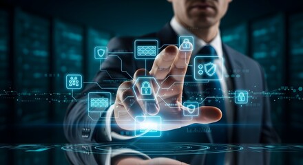 Fototapeta premium Businessman interacting with futuristic cybersecurity interface with lock and shield icons