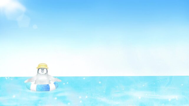 浮き輪ではしゃぐ赤ちゃんペンギンの海水浴アニメーション。夏をイメージした可愛いループビデオ。