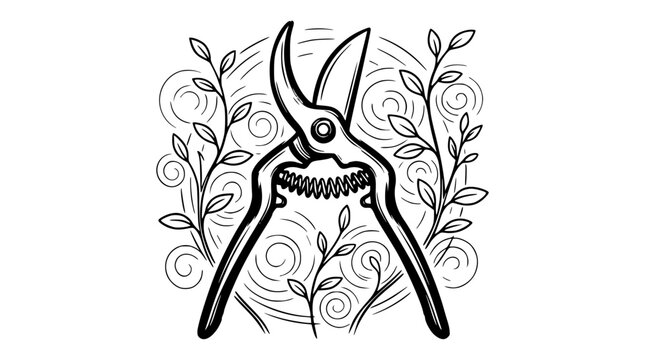 Black and white vector graphic illustration of garden pruning shears