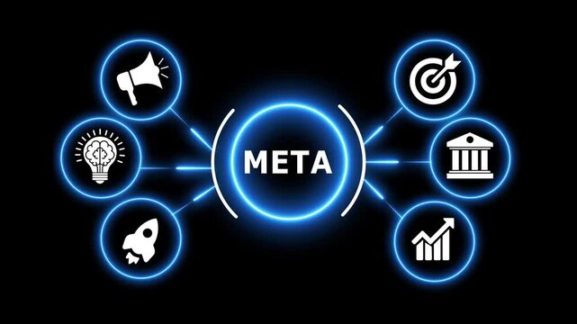 Business meta strategy concept with neon light icons and motion animation clip.