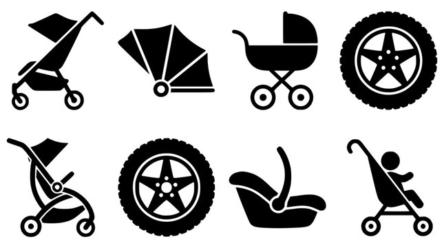 Black and white vector graphic illustration of baby stroller icons