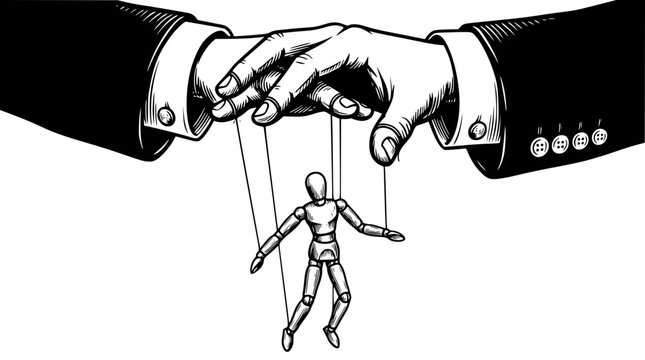 A hand controlling a marionette puppet with strings attached tightly