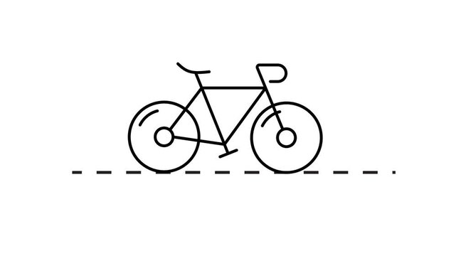 Minimalist black line art bicycle animation, cycling along dashed road, eco-friendly transportation concept, fitness and health symbol, isolated on Alpha channel, clean motion graphic.