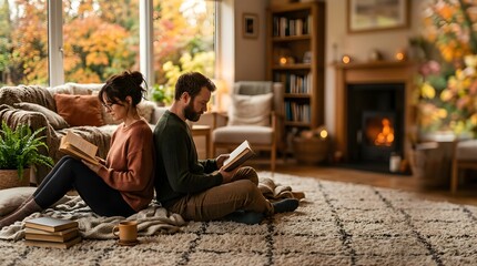 Obraz premium Couple reading books sitting on floor in cozy living room during autumn