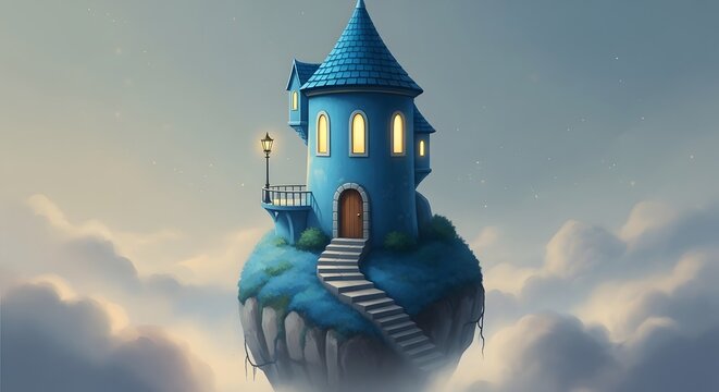 Blue wizard tower on a floating island in the sky