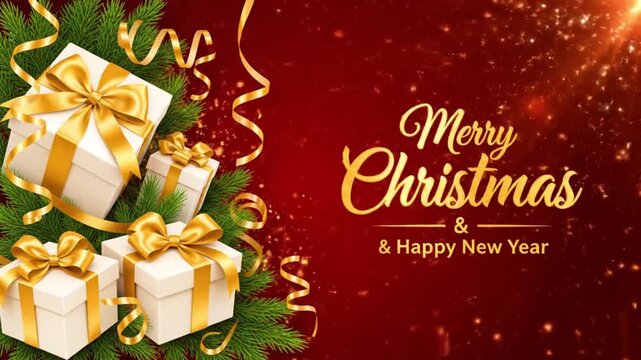 Golden script Merry Christmas and Happy New Year text with gift boxes as a perfect holiday greeting loop