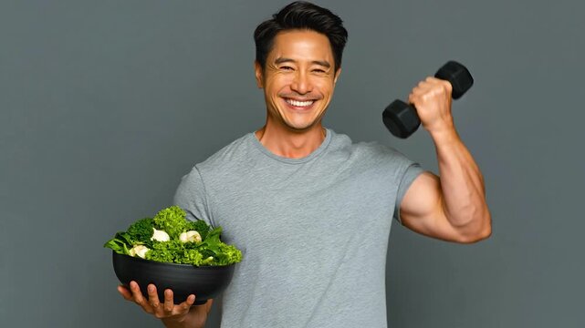 Healthy man smiling holding dumbbell and fresh green vegetable salad bowl for fitness and healthy lifestyle workout happiness