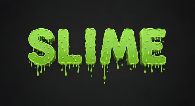Slime text effect with realistic dripping liquid texture, bright green 3d typography on a dark black background