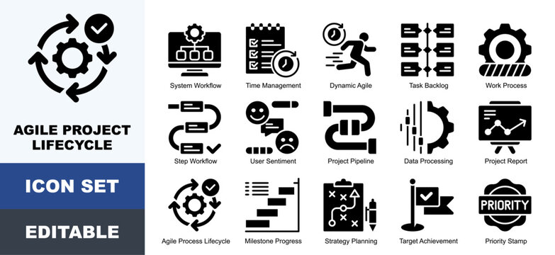 Agile Project Lifecycle icon set. Vector symbols for Agile, Business, Management, Milestone, Process, Progress, Project, Strategy, Task, Workflow