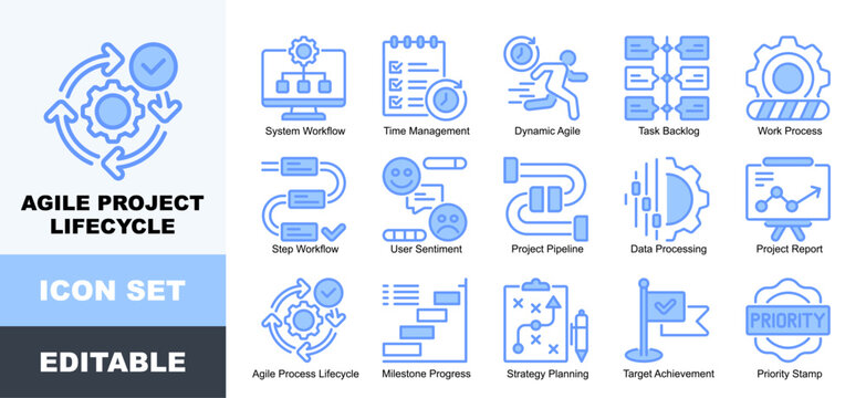 Agile Project Lifecycle icon set. Vector symbols for Agile, Business, Management, Milestone, Process, Progress, Project, Strategy, Task, Workflow